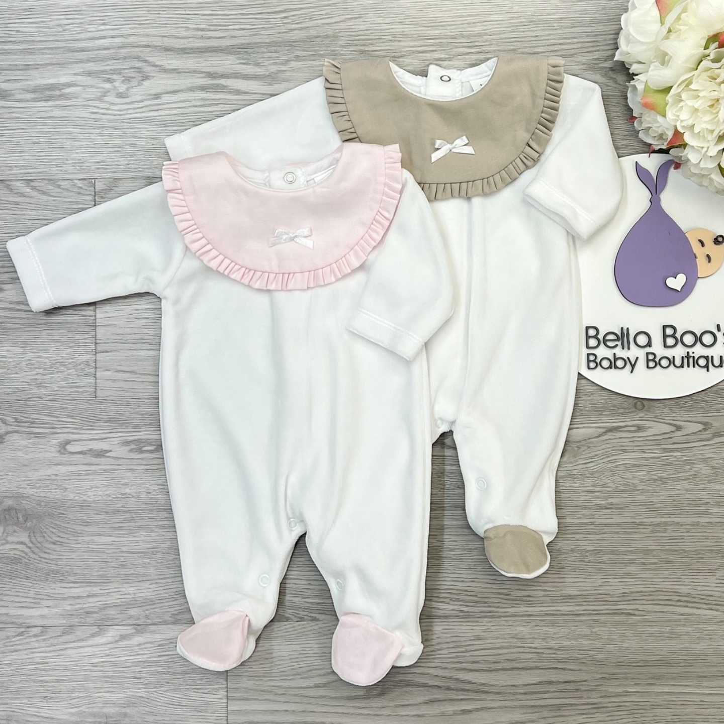Baby Girls White/Mink Velour Sleep Suit