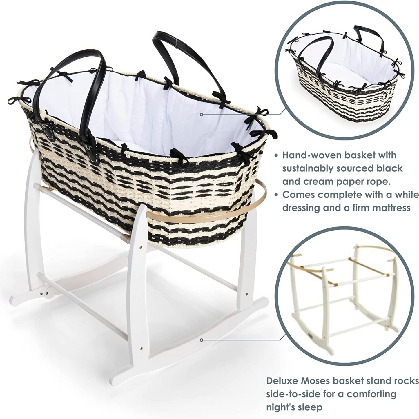 Clair De Lune Black & Cream Sustainable Moses Basket & Deluxe Rocking Stand Bundle