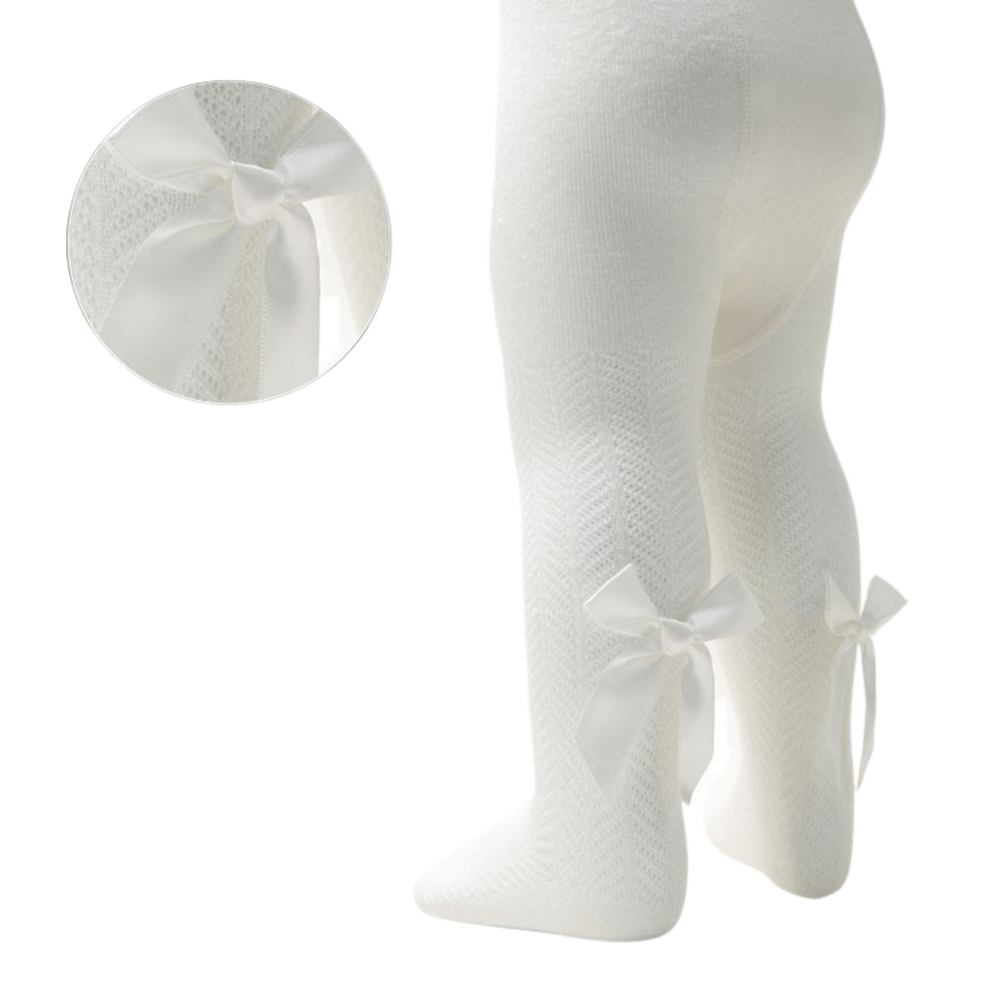 Girls Cream Tights With Back Bow