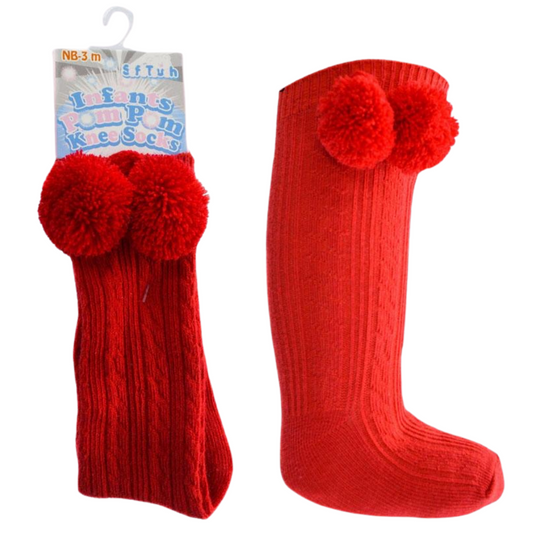 Knee High Red Pom Pom Socks