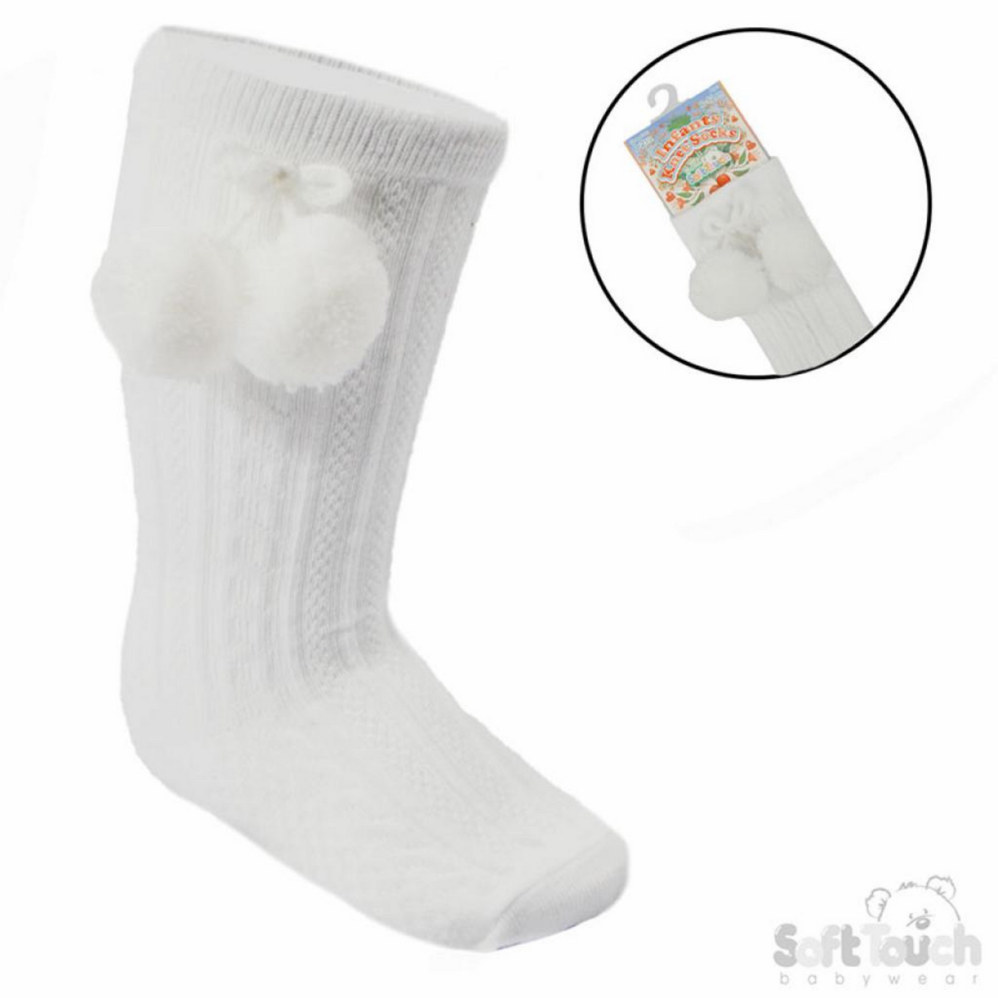 White Pom Pom Knee Sock - 355