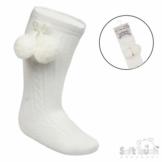 Cream Pom Pom Knee Sock - 355