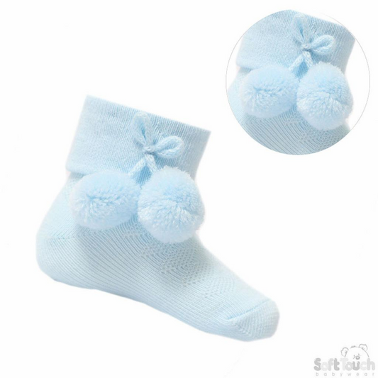 Blue Pom Pom Ankle Socks